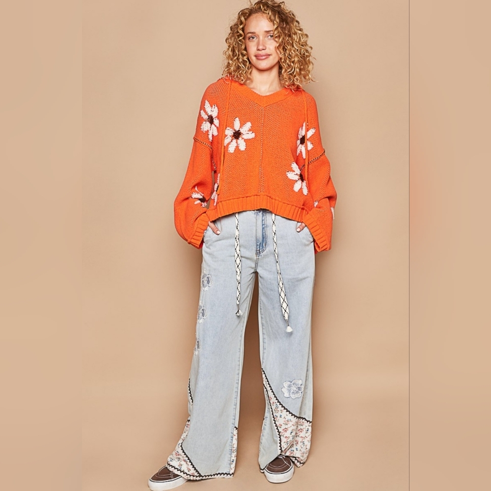 POL Floral Pattern Hooded High-Low Sweater